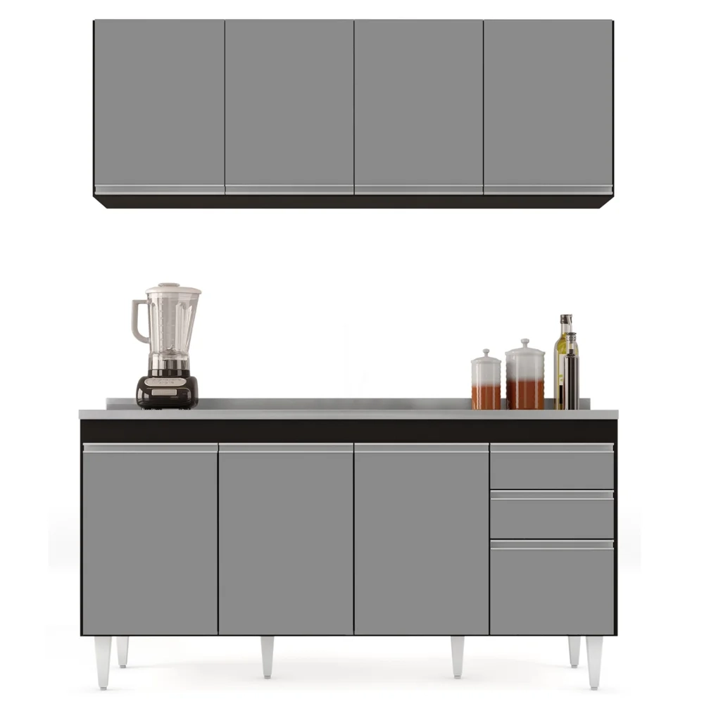 Armário Aéreo Nevada e Balcão Gabinete com Pia 160cm Arkansas Preto/Cinza - Lumil