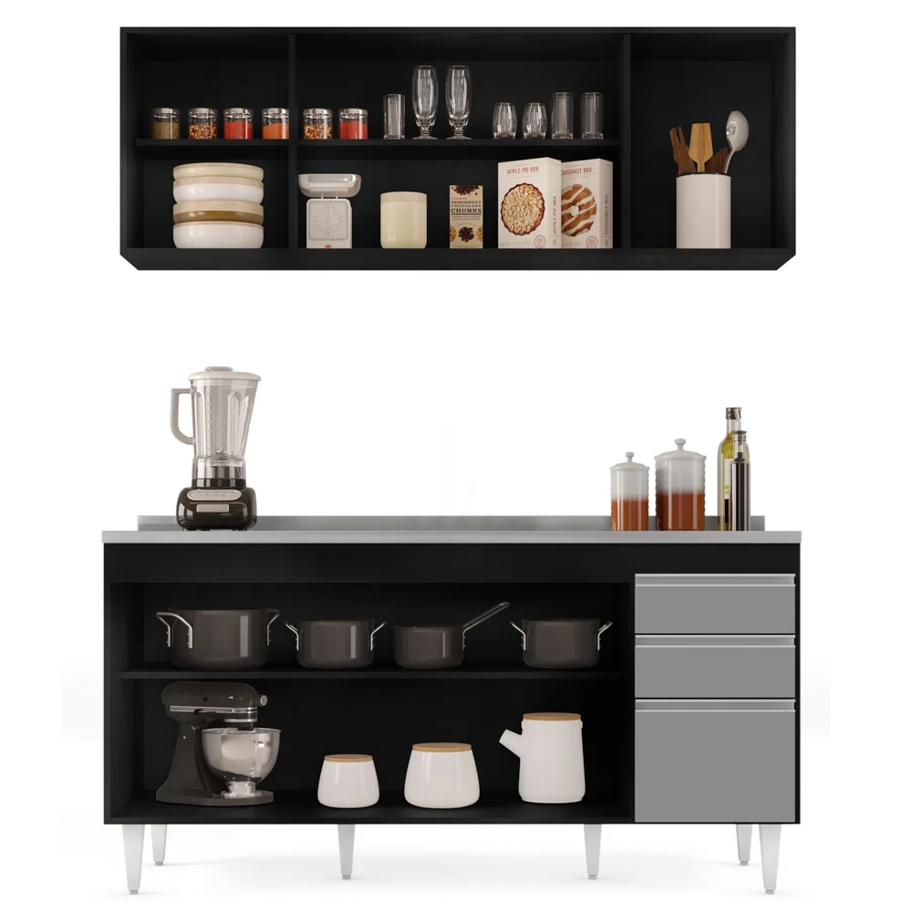 Armário Aéreo Nevada e Balcão Gabinete com Pia 160cm Arkansas Preto/Cinza - Lumil