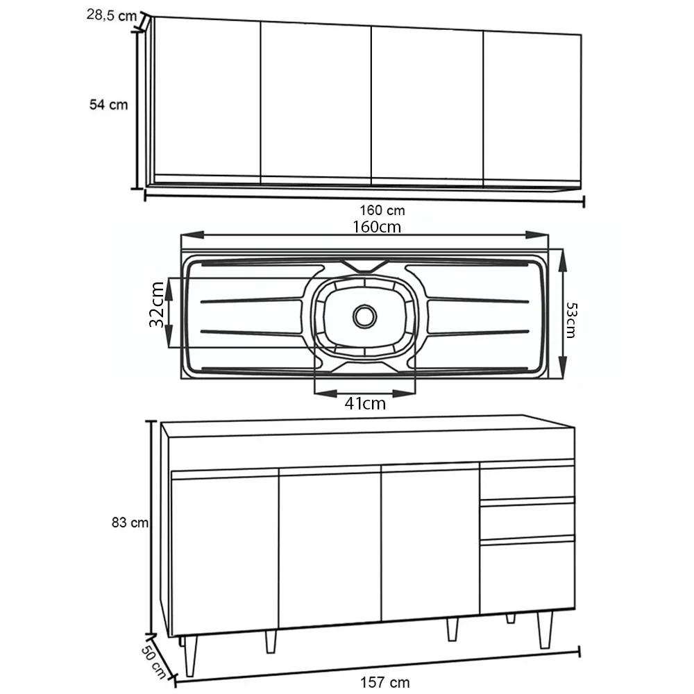 Armário Aéreo Nevada e Balcão Gabinete com Pia 160cm Arkansas Preto/Cinza - Lumil