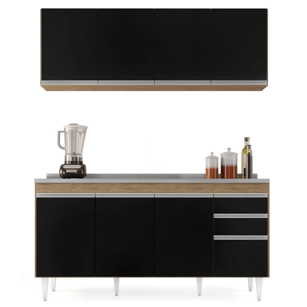 Armário Aéreo Nevada e Balcão Gabinete com Pia 160cm Arkansas Castanho/Preto - Lumil