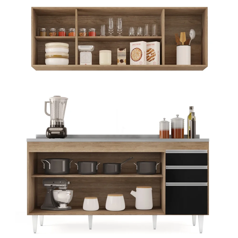 Armário Aéreo Nevada e Balcão Gabinete com Pia 160cm Arkansas Castanho/Preto - Lumil