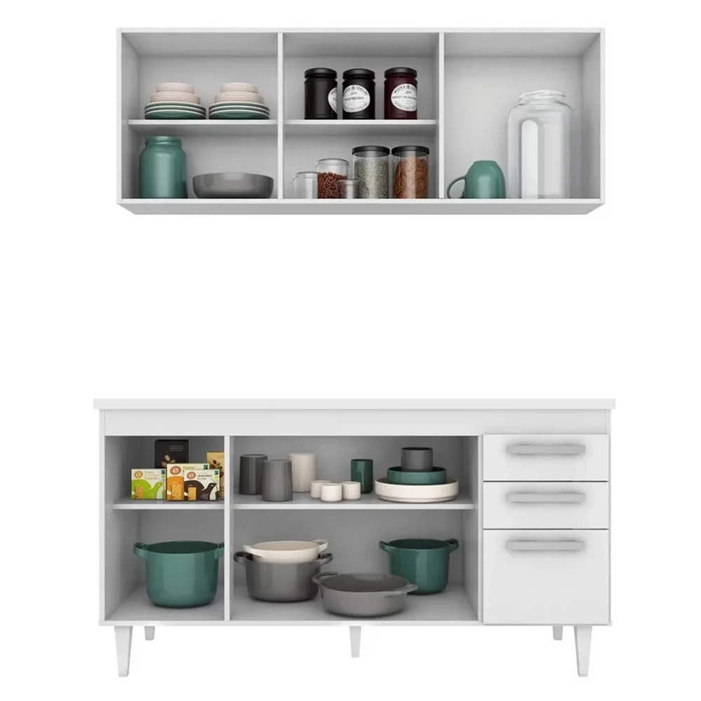 Armário Aéreo Parma e Balcão para Pia com Tampo 150cm Lisboa Branco - Lumil