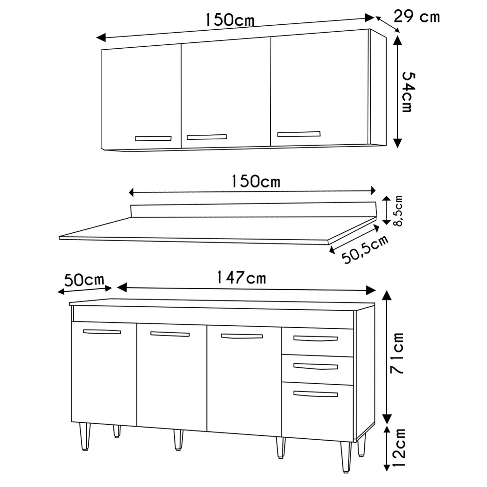 Armário Aéreo Parma e Balcão para Pia com Tampo 150cm Lisboa Branco - Lumil