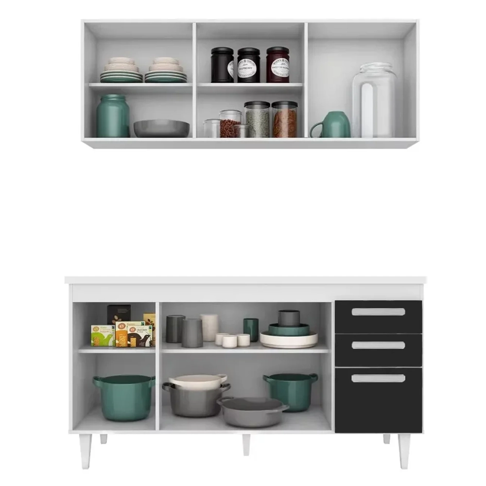 Armário Aéreo Parma e Balcão para Pia com Tampo 150cm Lisboa Branco/Preto - Lumil