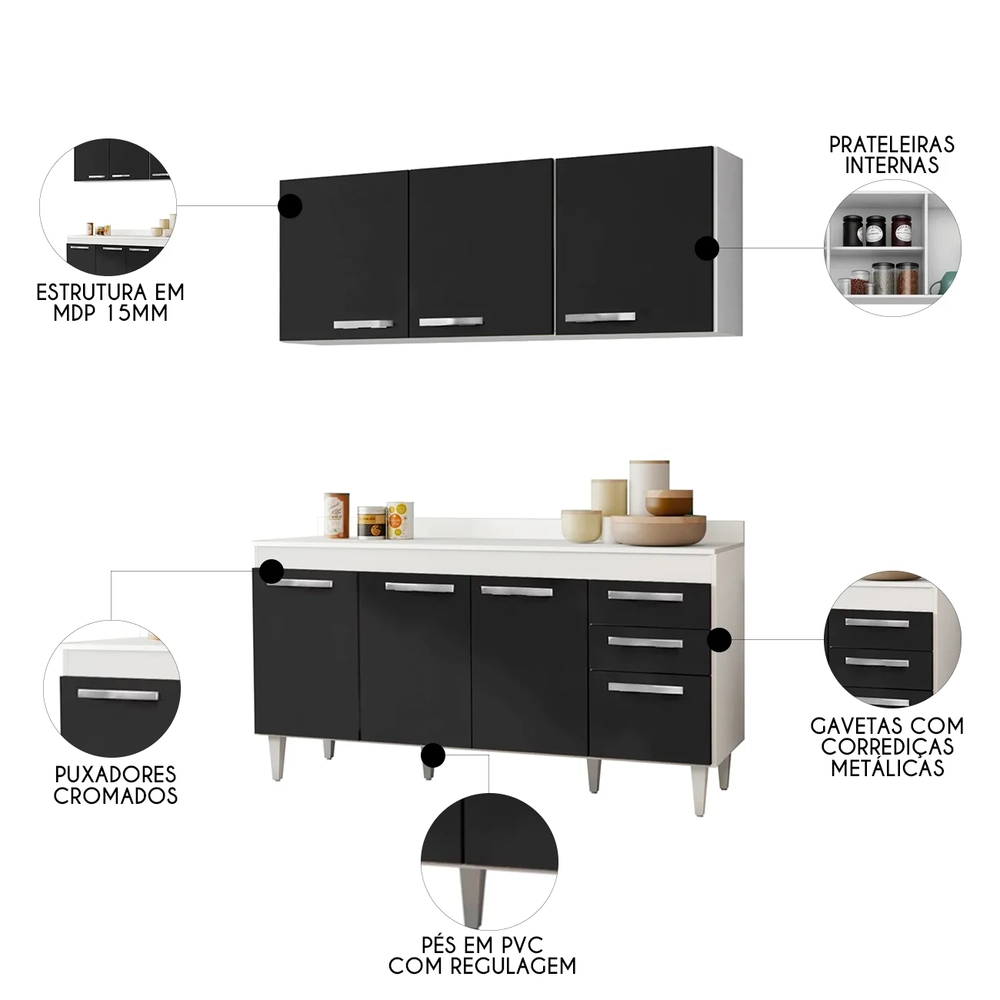 Armário Aéreo Parma e Balcão para Pia com Tampo 150cm Lisboa Branco/Preto - Lumil