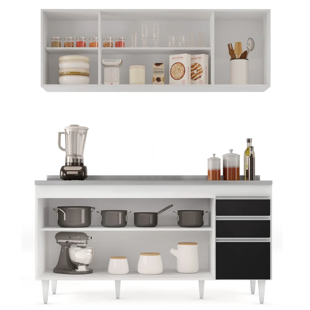 Armário Aéreo Nevada e Balcão Gabinete com Pia 160cm Arkansas Branco/Preto - Lumil