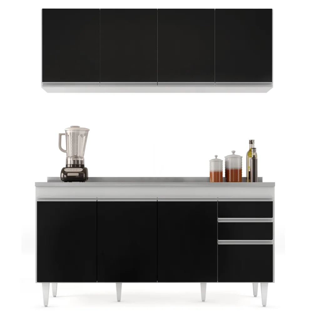 Armário Aéreo Nevada e Balcão Gabinete com Pia 160cm Arkansas Branco/Preto - Lumil