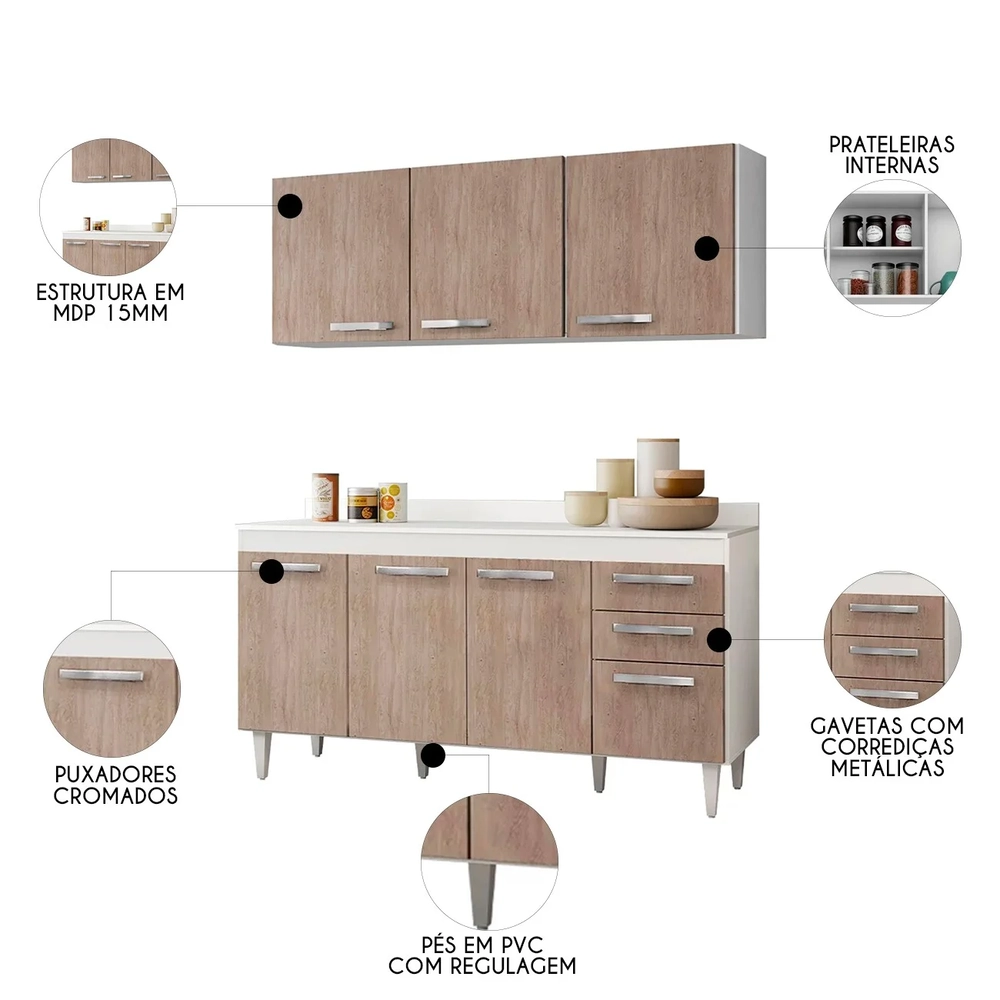 Armário Aéreo Parma e Balcão para Pia com Tampo 150cm Lisboa Branco/Castanho - Lumil