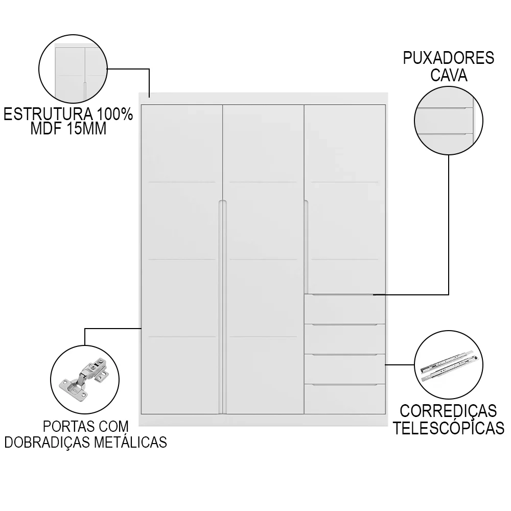 Guarda Roupa Infantil 3 Portas 4 Gavetas Lua Z39 Branco - Mpozenato