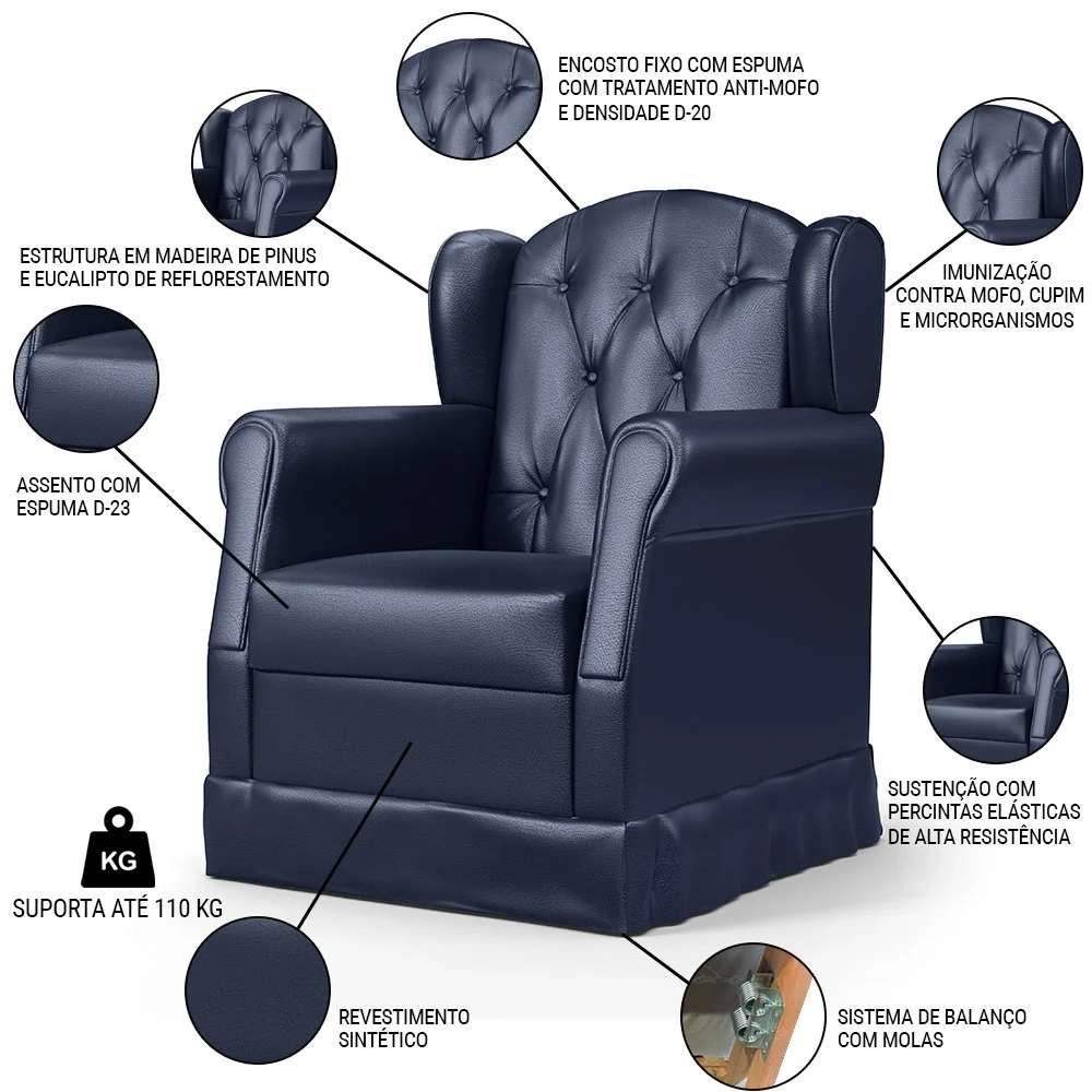 Poltrona de Amamentação Balanço e Puff Lucy Z39 Sintético Azul Marinho - Mpozenato