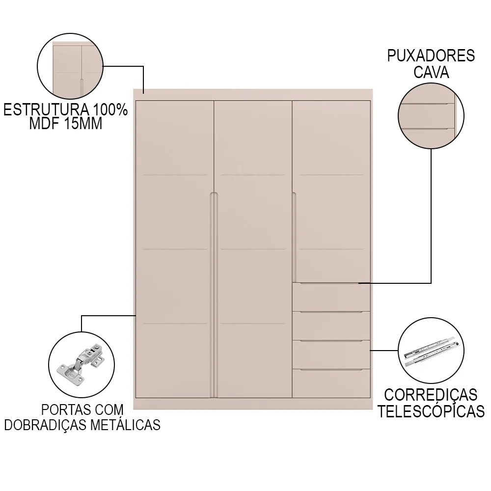 Guarda Roupa Infantil 3 Portas 4 Gavetas Lua Z39 Rose - Mpozenato