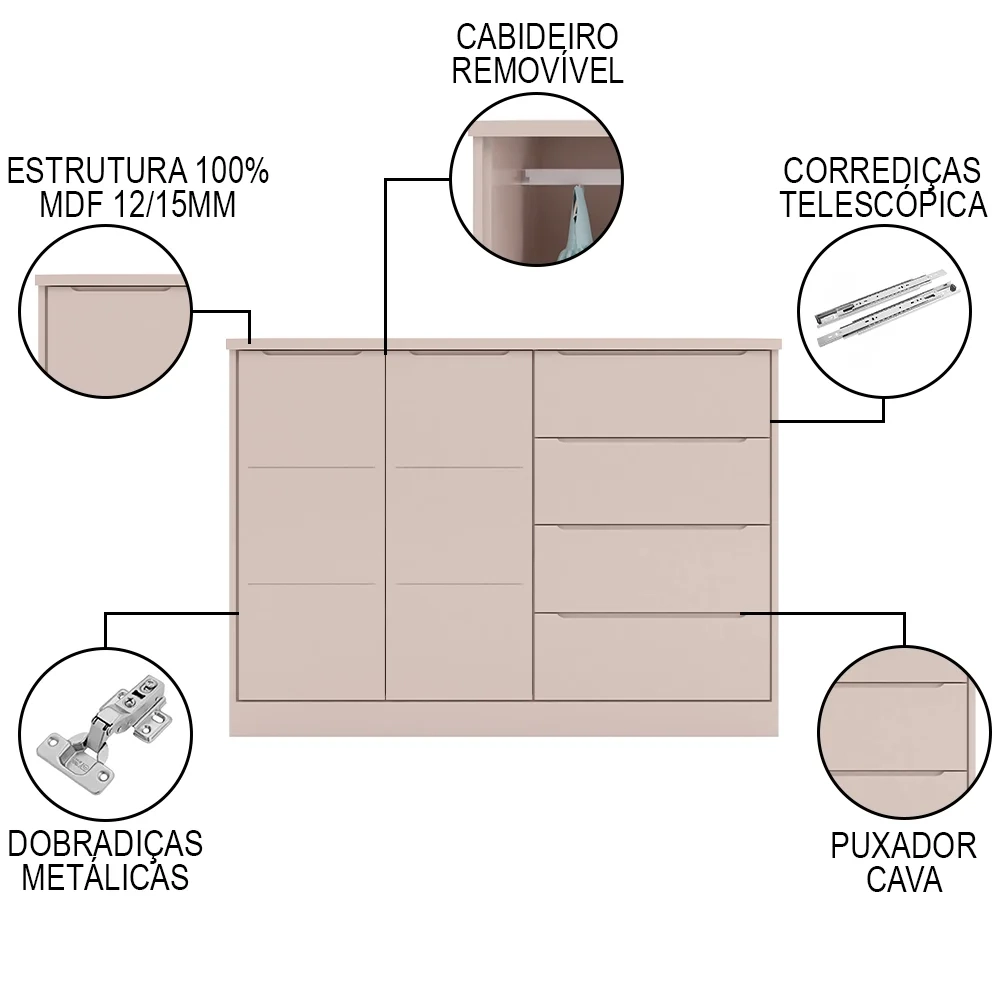 Cômoda Infantil 2 Portas 4 Gavetas Lua Z39 Rose - Mpozenato