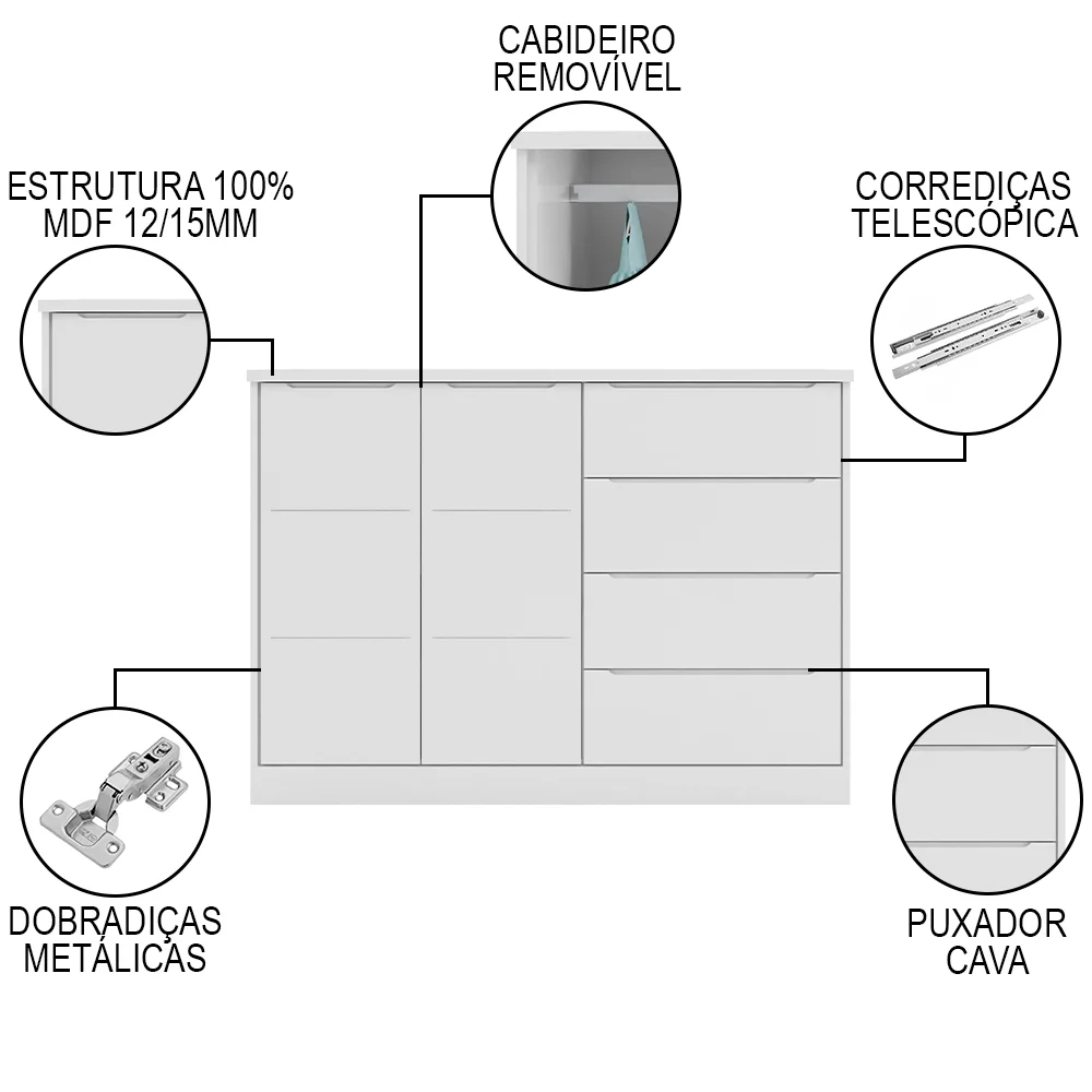 Cômoda Infantil 2 Portas 4 Gavetas Lua Z39 Branco - Mpozenato