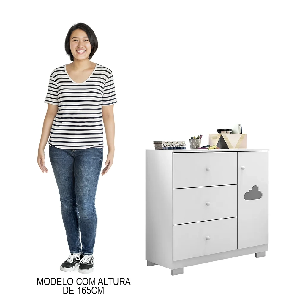 Cômoda Infantil 1 Porta 3 Gavetas Amora Z39 Branco - Mpozenato