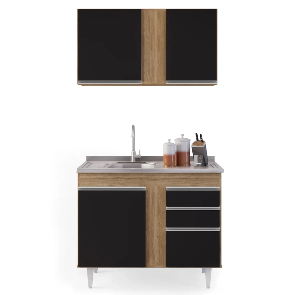 Armário Aéreo Indiana e Balcão Gabinete 100cm com Pia Inox Luziania Castanho/Preto - Lumil