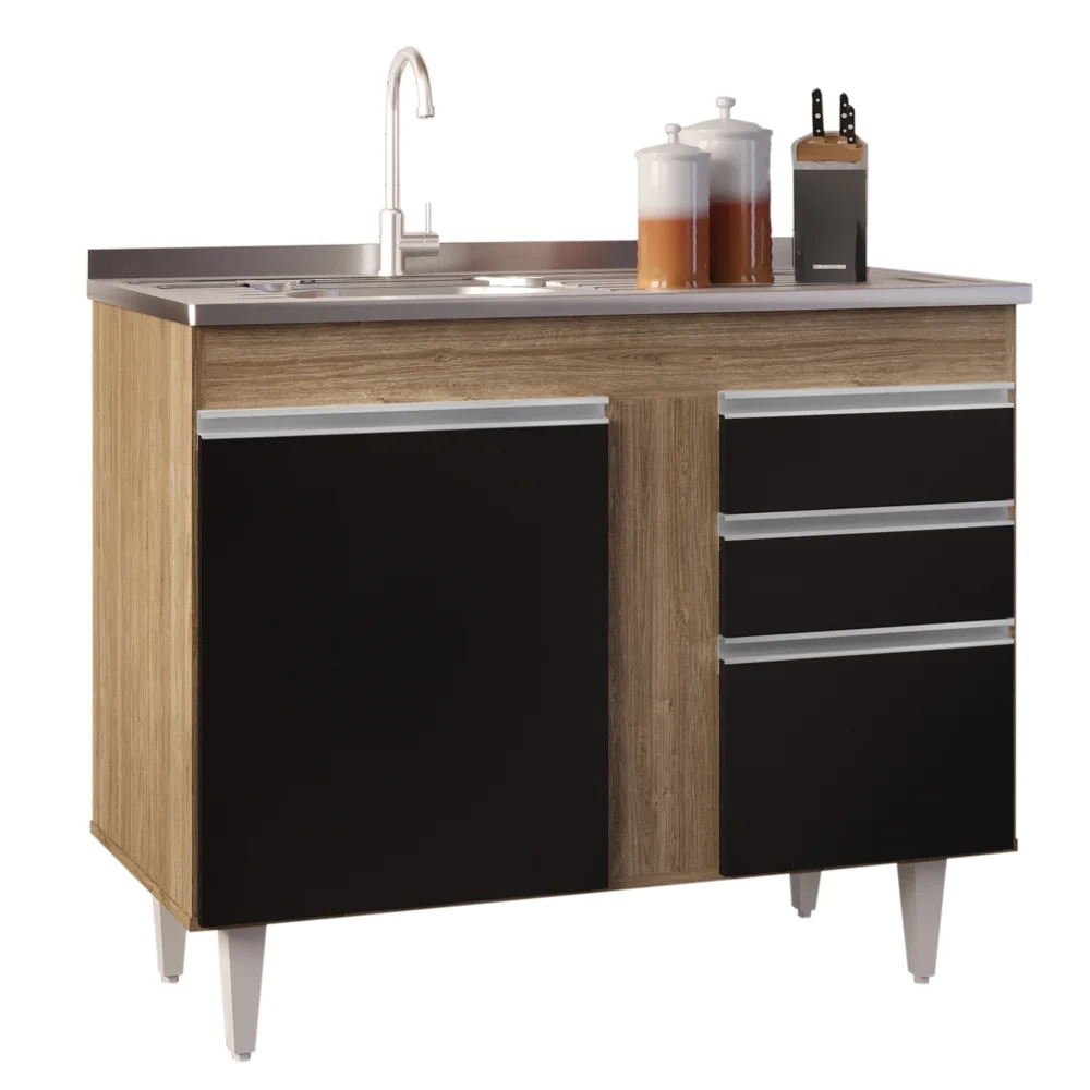 Armário Aéreo Indiana e Balcão Gabinete 100cm com Pia Inox Luziania Castanho/Preto - Lumil