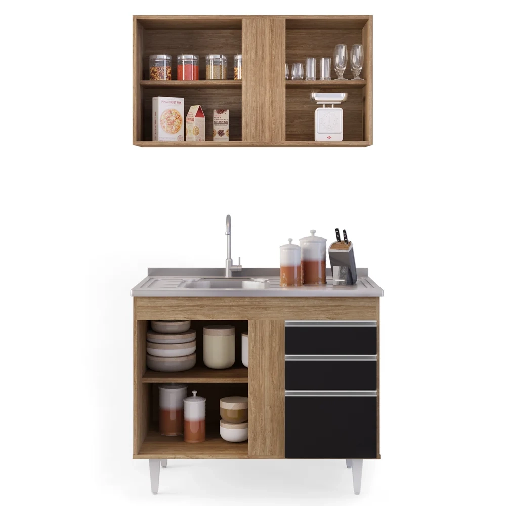 Armário Aéreo Indiana e Balcão Gabinete 100cm com Pia Inox Luziania Castanho/Preto - Lumil