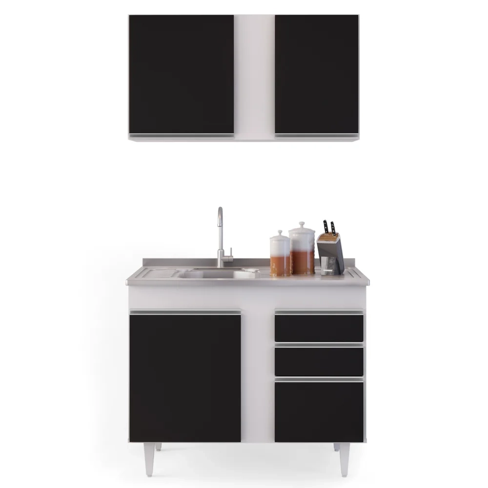 Armário Aéreo Indiana e Balcão Gabinete 100cm com Pia Inox Luziania Branco/Preto - Lumil