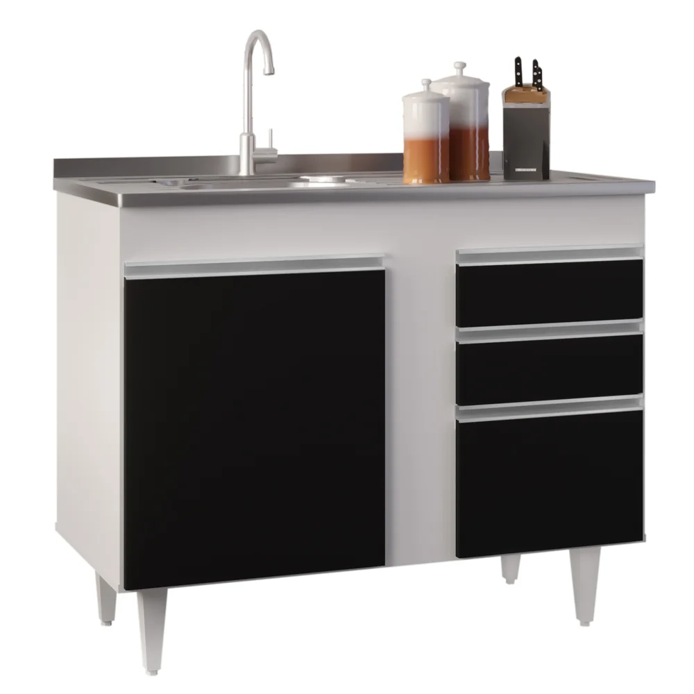 Armário Aéreo Indiana e Balcão Gabinete 100cm com Pia Inox Luziania Branco/Preto - Lumil