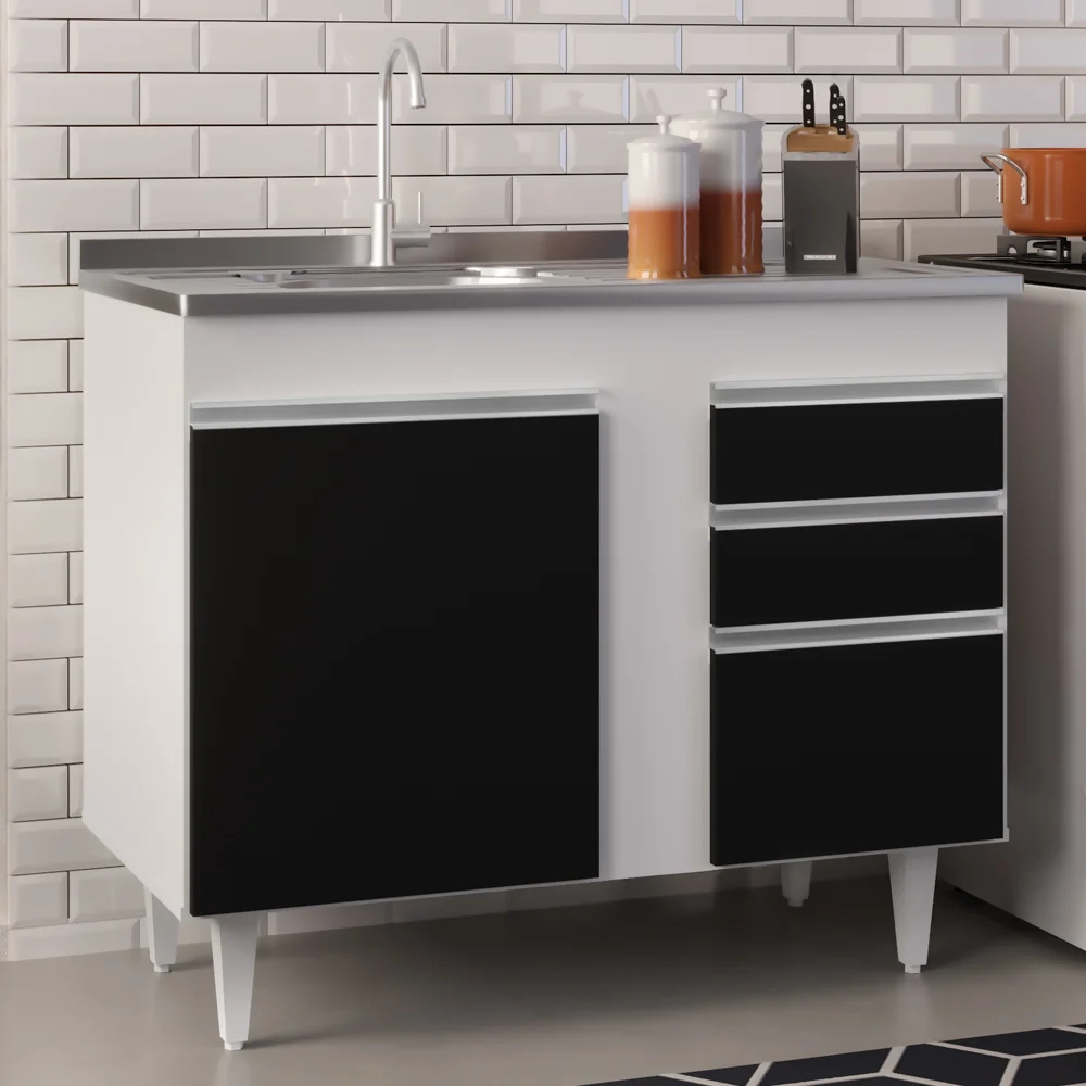Armário Aéreo Indiana e Balcão Gabinete 100cm com Pia Inox Luziania Branco/Preto - Lumil