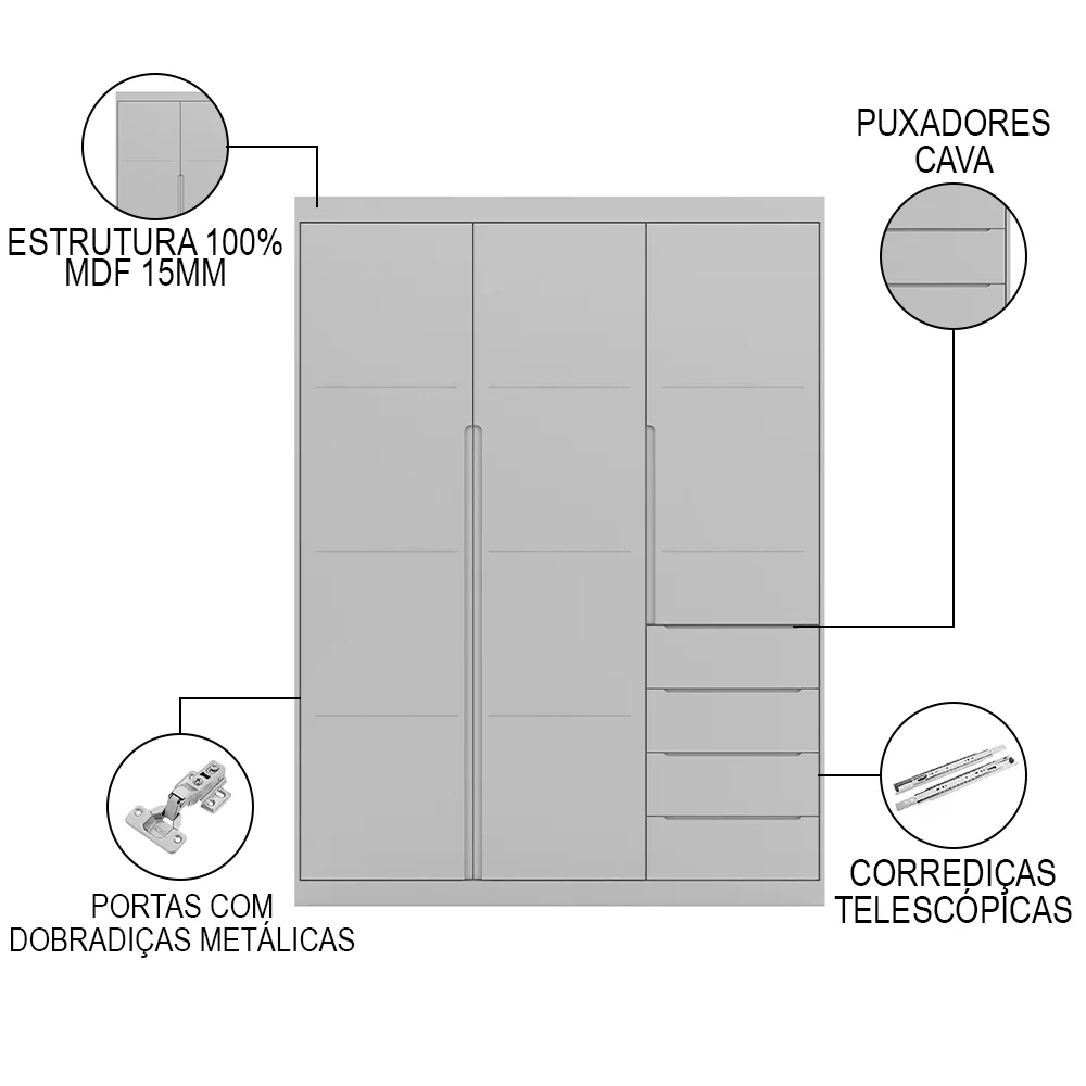 Jogo de Quarto Infantil Guarda Roupa e Cômoda Lua Z39 Cinza - Mpozenato