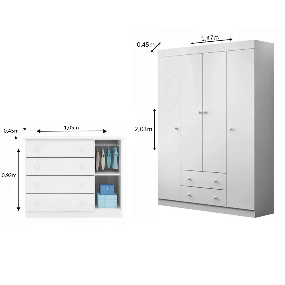 Jogo de Quarto Infantil Guarda Roupa e Cômoda Ellie Z39 Branco - Mpozenato