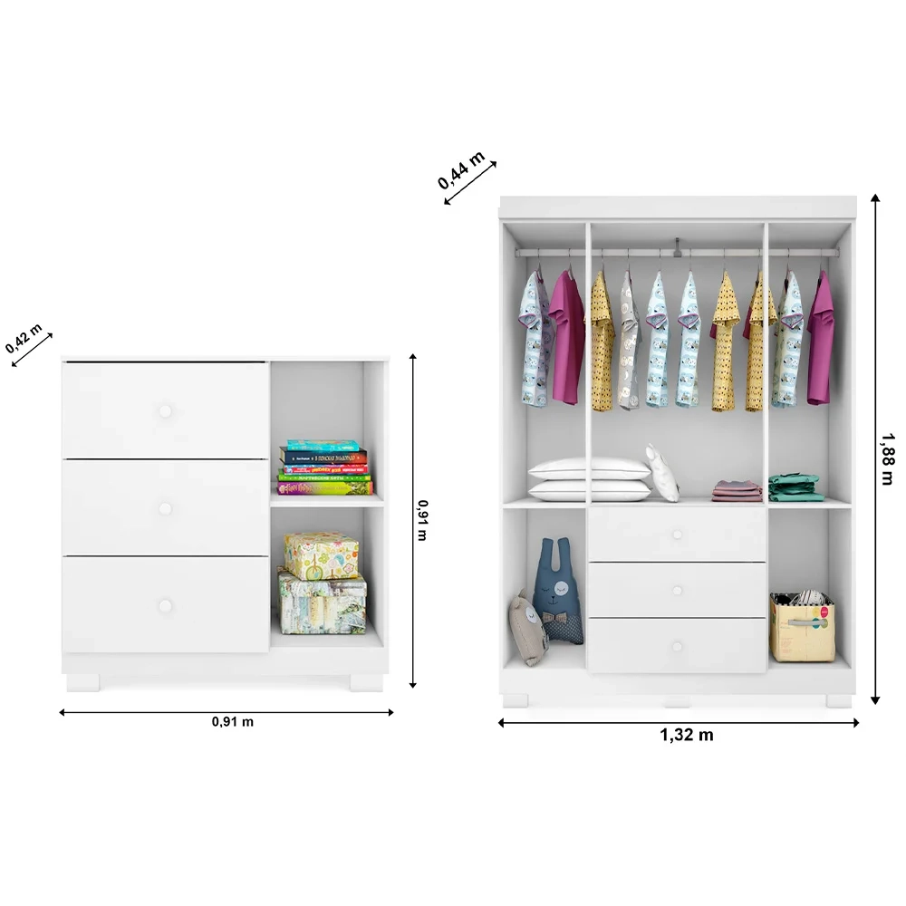 Jogo de Quarto Infantil Guarda Roupa e Cômoda Amora Z39 Branco - Mpozenato