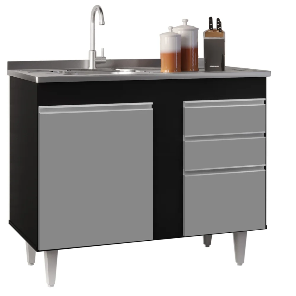 Armário Aéreo Indiana e Balcão Gabinete 100cm com Pia Inox Luziania Preto/Cinza- Lumil