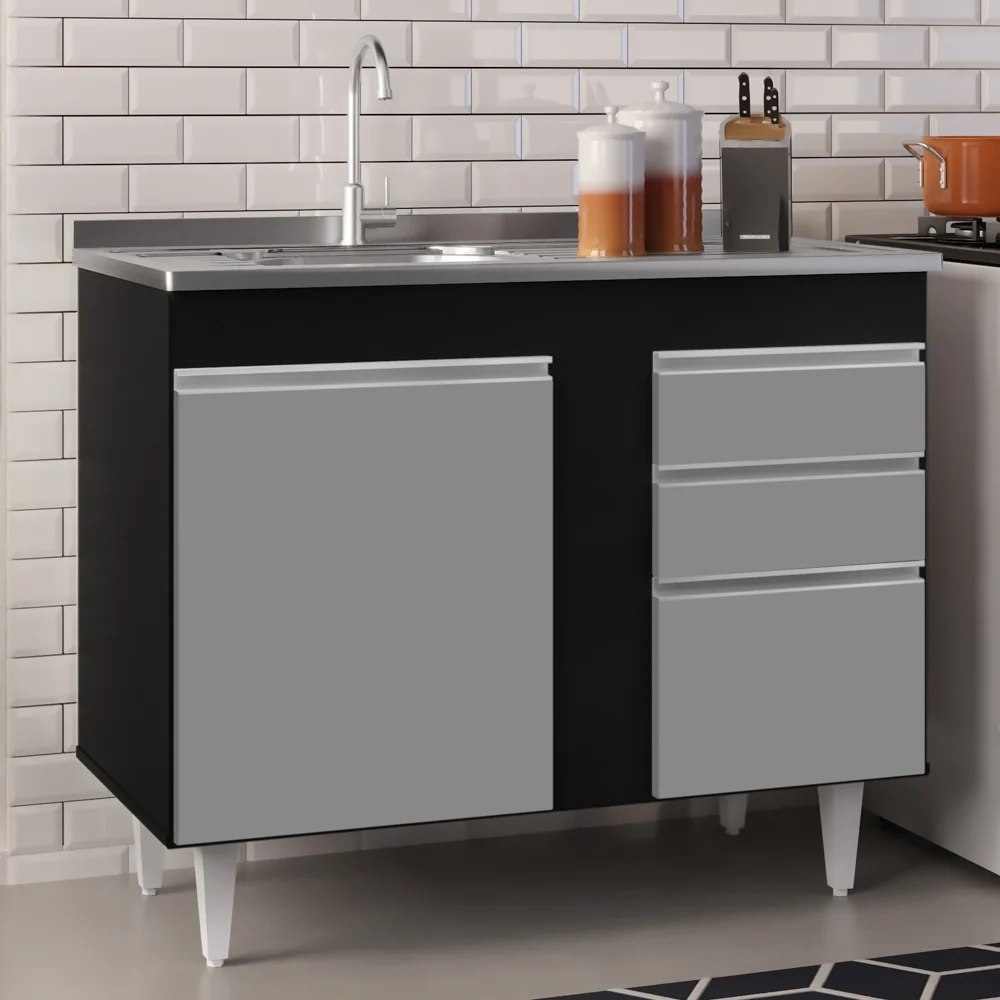 Armário Aéreo Indiana e Balcão Gabinete 100cm com Pia Inox Luziania Preto/Cinza- Lumil