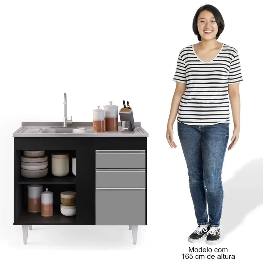 Armário Aéreo Indiana e Balcão Gabinete 100cm com Pia Inox Luziania Preto/Cinza- Lumil