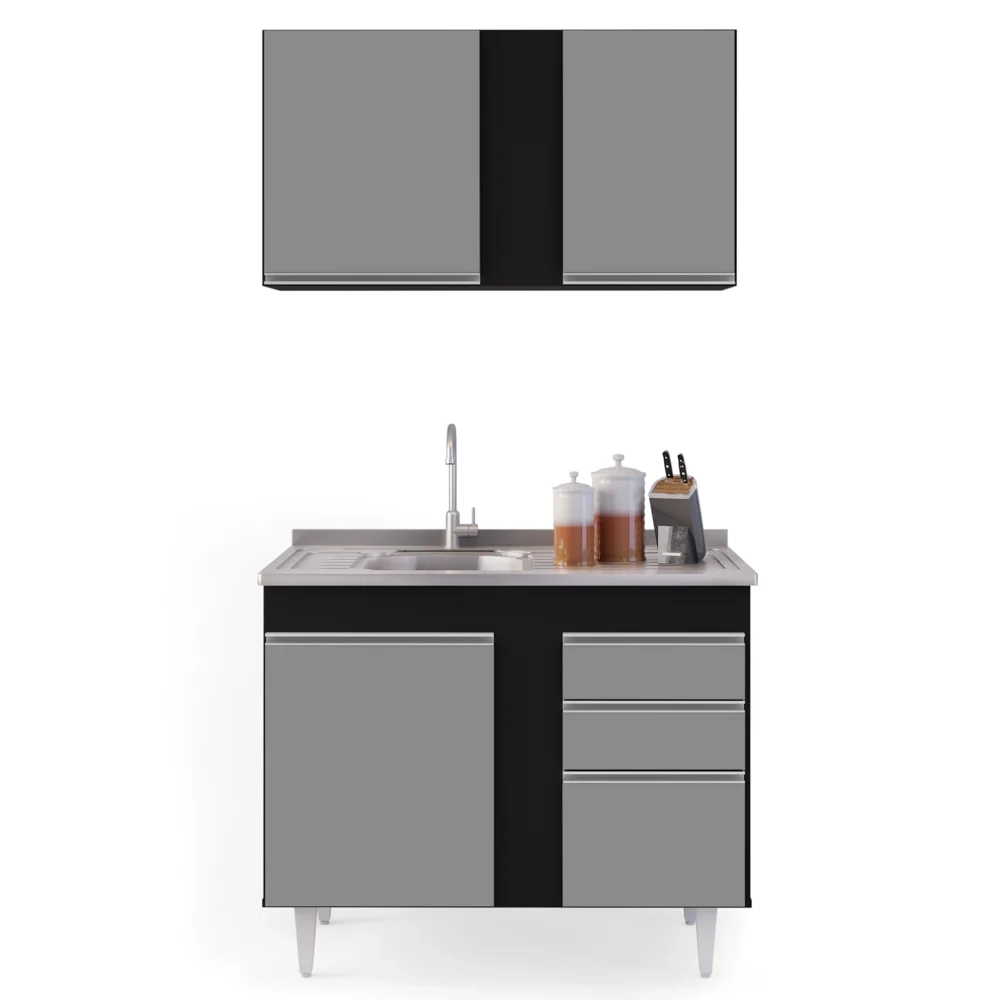 Armário Aéreo Indiana e Balcão Gabinete 100cm com Pia Inox Luziania Preto/Cinza- Lumil