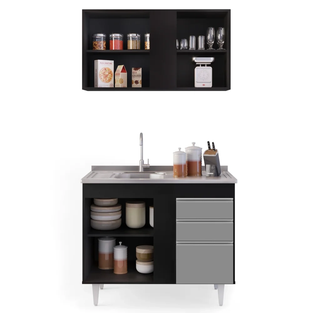 Armário Aéreo Indiana e Balcão Gabinete 100cm com Pia Inox Luziania Preto/Cinza- Lumil