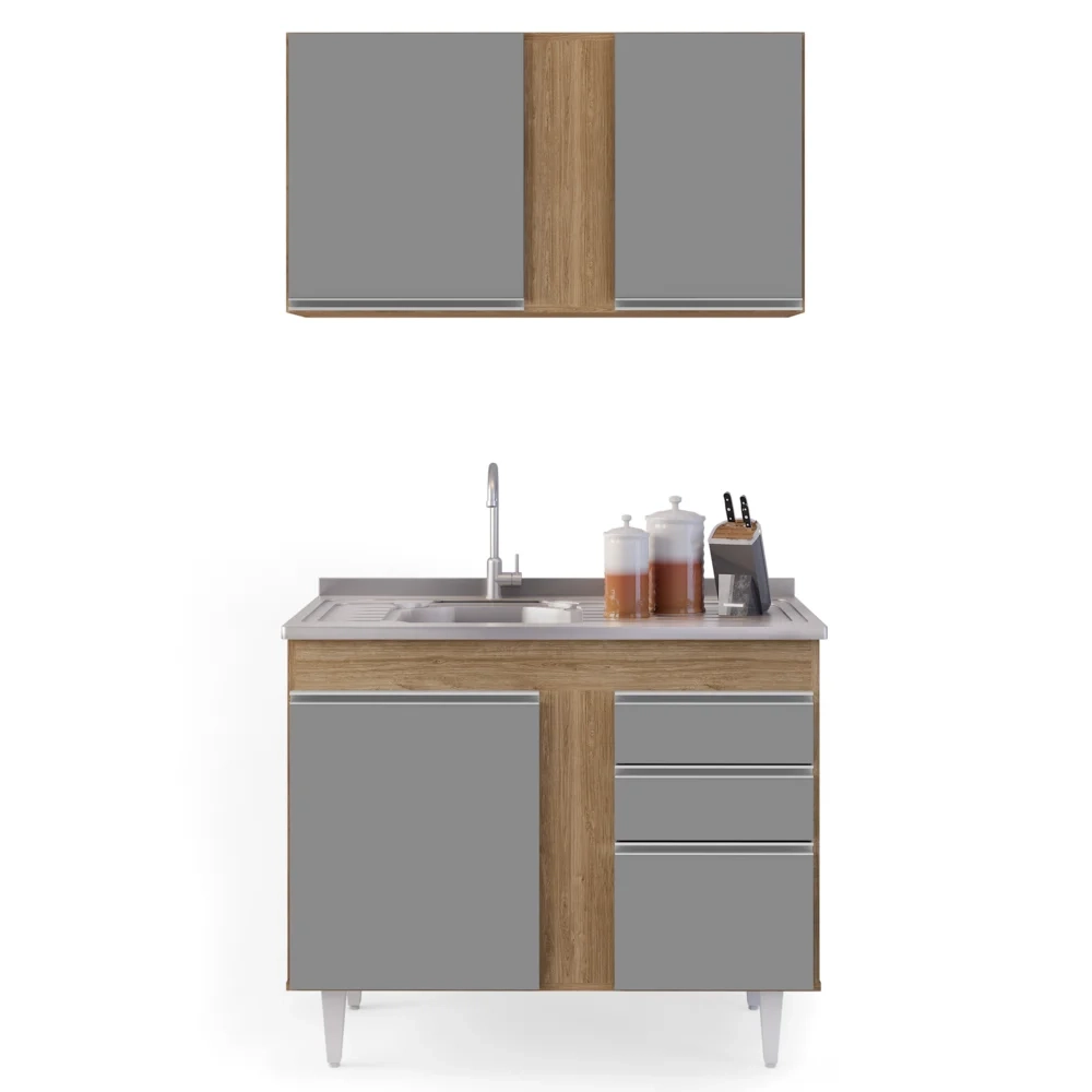 Armário Aéreo Indiana e Balcão Gabinete 100cm com Pia Inox Luziania Castanho/Cinza - Lumil