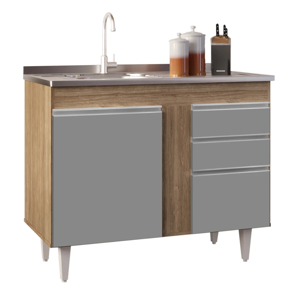 Armário Aéreo Indiana e Balcão Gabinete 100cm com Pia Inox Luziania Castanho/Cinza - Lumil