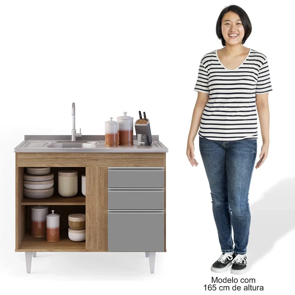 Armário Aéreo Indiana e Balcão Gabinete 100cm com Pia Inox Luziania Castanho/Cinza - Lumil