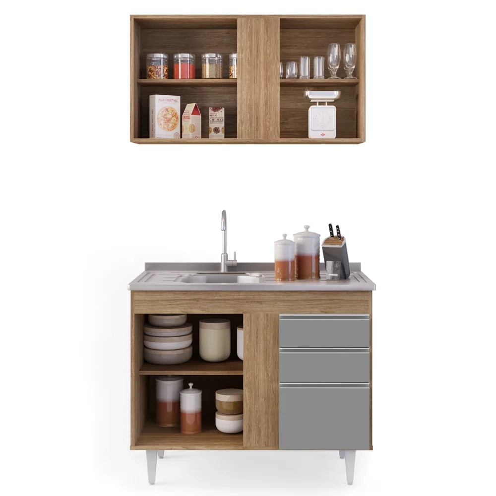 Armário Aéreo Indiana e Balcão Gabinete 100cm com Pia Inox Luziania Castanho/Cinza - Lumil