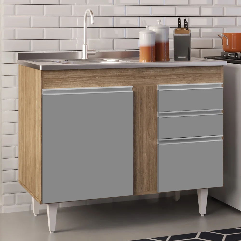 Armário Aéreo Indiana e Balcão Gabinete 100cm com Pia Inox Luziania Castanho/Cinza - Lumil