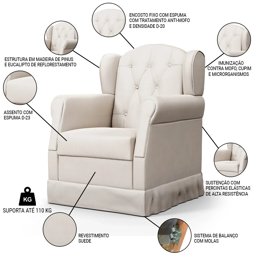 Poltrona de Amamentação Balanço e Puff Lucy Z39 Suede Bege - Mpozenato