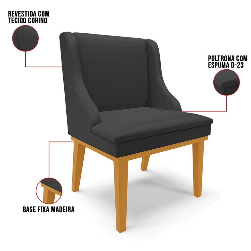 Cadeira Estofada para Sala de Jantar Base Fixa de Madeira Castanho Lia Sintético Preto - Ibiza