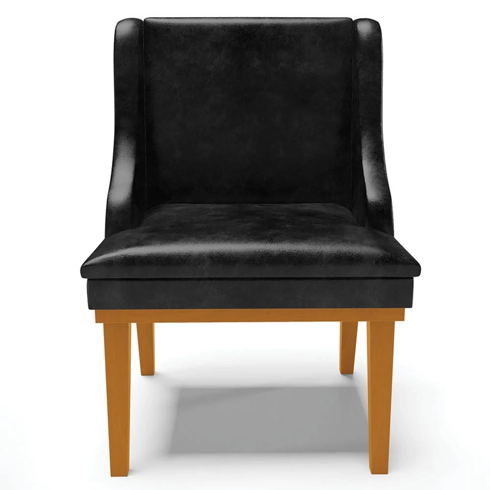 Cadeira Estofada Sala de Jantar Base Fixa de Madeira Castanho Lia Sintético Premium Preto - Ibiza
