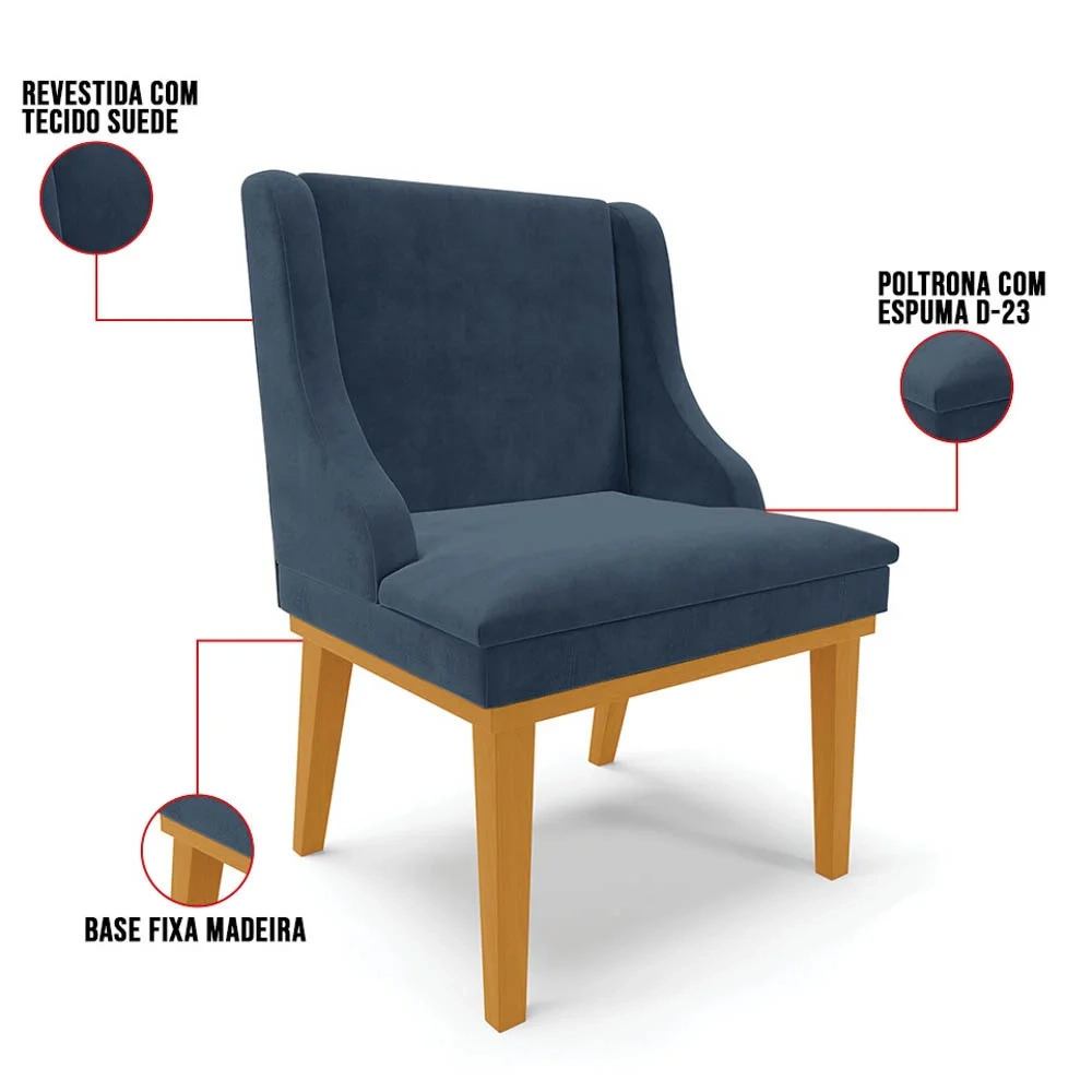 Cadeira Estofada para Sala de Jantar Base Fixa de Madeira Castanho Lia Suede Azul Marinho - Ibiza