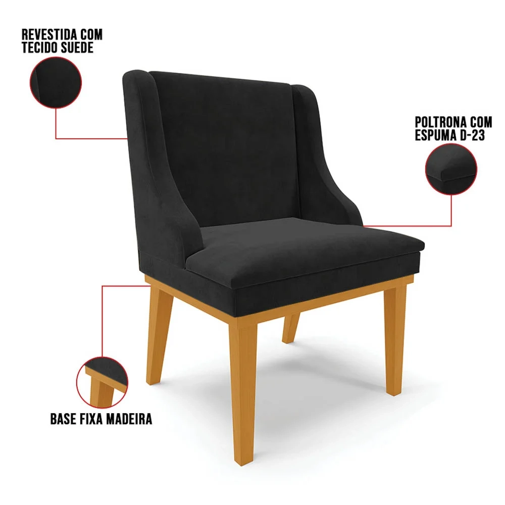 Cadeira Estofada para Sala de Jantar Base Fixa de Madeira Castanho Lia Suede Preto - Ibiza