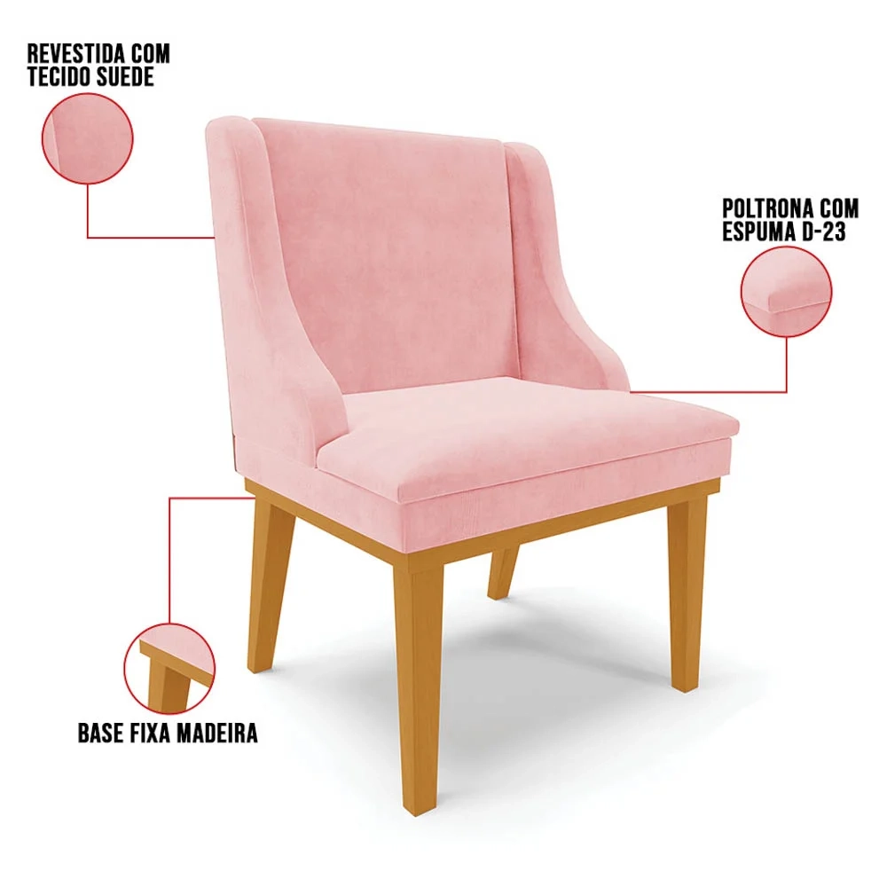 Cadeira Estofada para Sala de Jantar Base Fixa de Madeira Castanho Lia Suede Rosa bebê - Ibiza