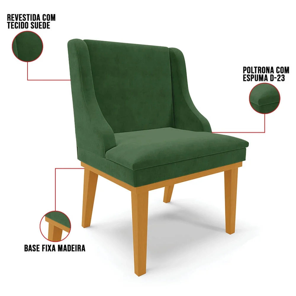 Cadeira Estofada para Sala de Jantar Base Fixa de Madeira Castanho Lia Suede Verde - Ibiza