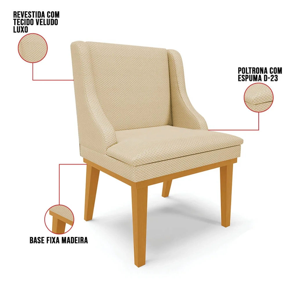 Cadeira Estofada para Sala de Jantar Base Fixa de Madeira Castanho Lia Veludo Off White - Ibiza
