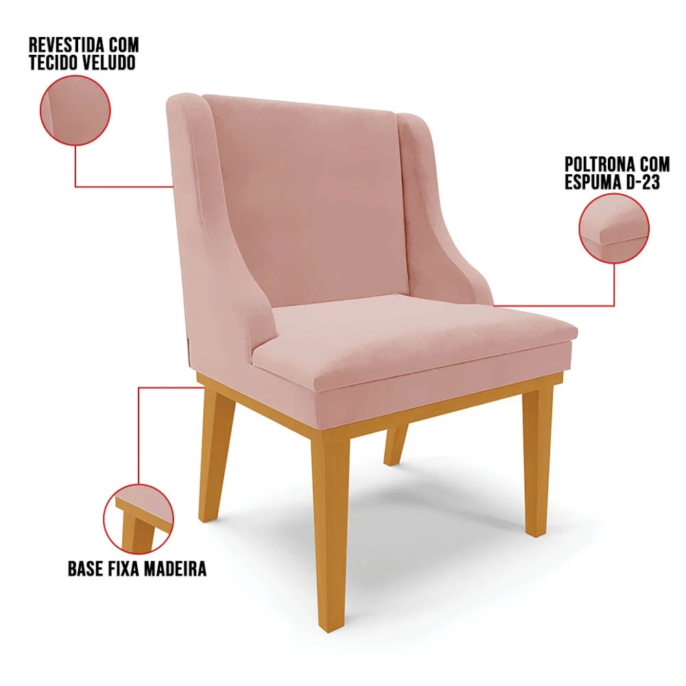 Cadeira Estofada para Sala de Jantar Base Fixa de Madeira Castanho Lia Veludo Rosê - Ibiza