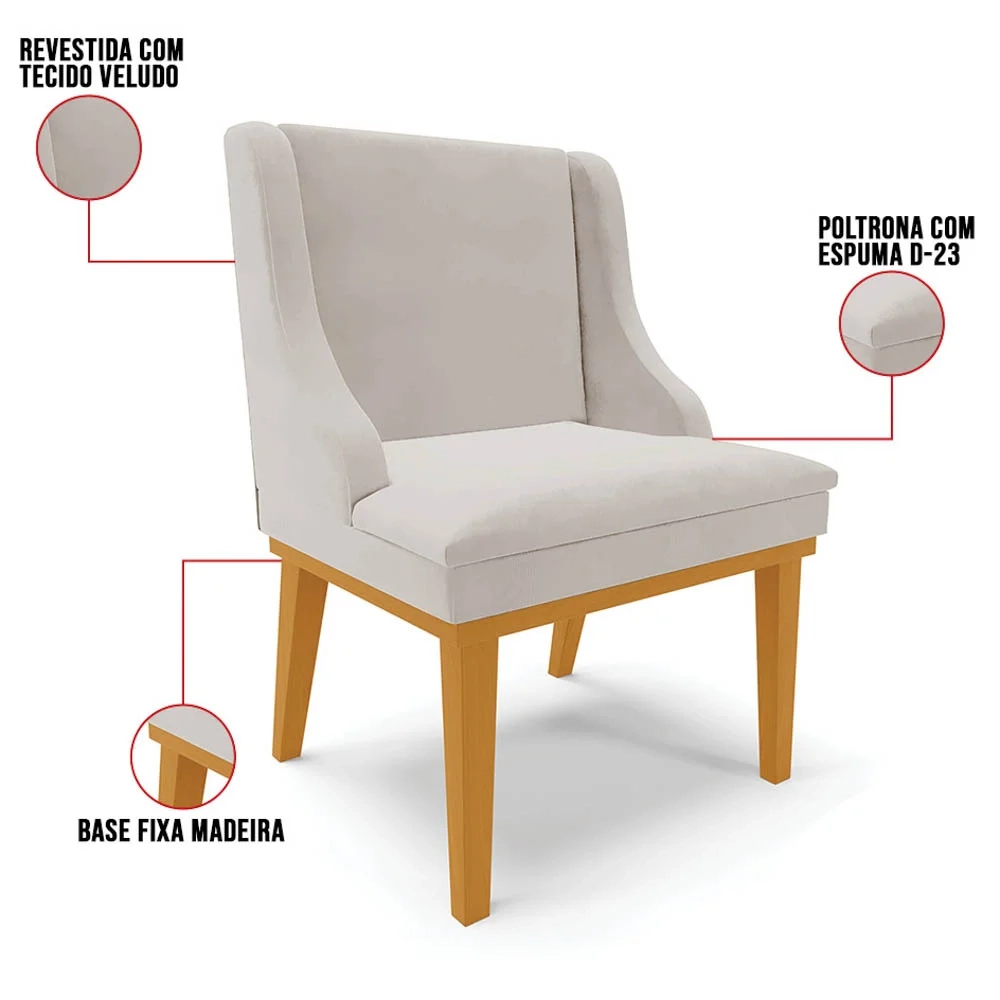 Cadeira Estofada para Sala de Jantar Base Fixa de Madeira Castanho Lia Veludo Cinza - Ibiza