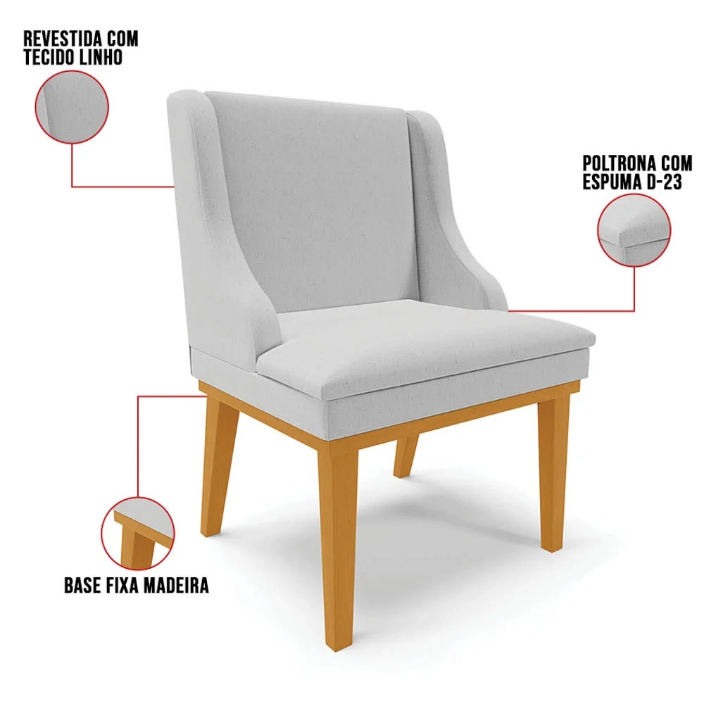 Kit 4 Cadeiras Estofadas para Sala de Jantar Base Fixa de Madeira Castanho Lia Linho Cinza - Ibiza