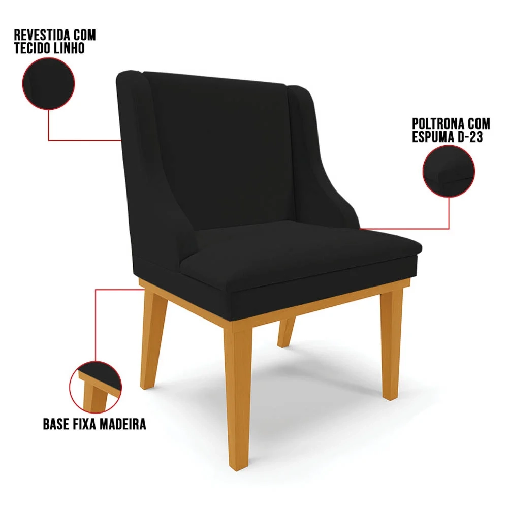 Kit 6 Cadeiras Estofadas para Sala de Jantar Base Fixa de Madeira Castanho Lia Linho Preto - Ibiza