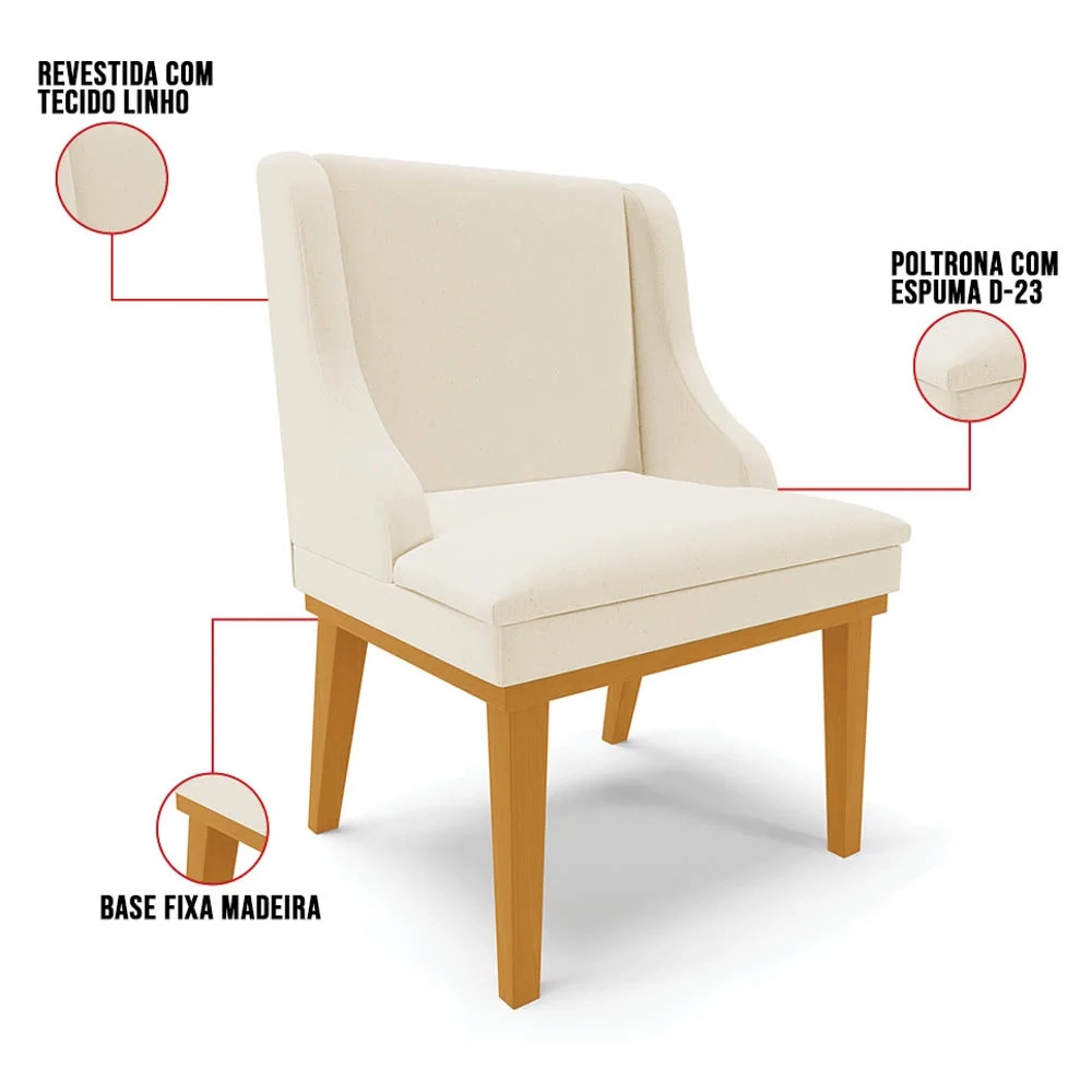 Kit 10 Cadeiras Estofadas para Sala de Jantar Base Fixa de Madeira Castanho Lia Linho Bege - Ibiza